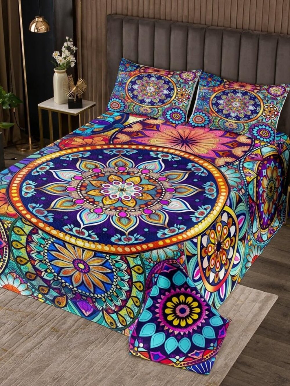 3 Piece Boho Mandala Quilt Bedding Sets Women Aldult Lightweight Bedding Blue